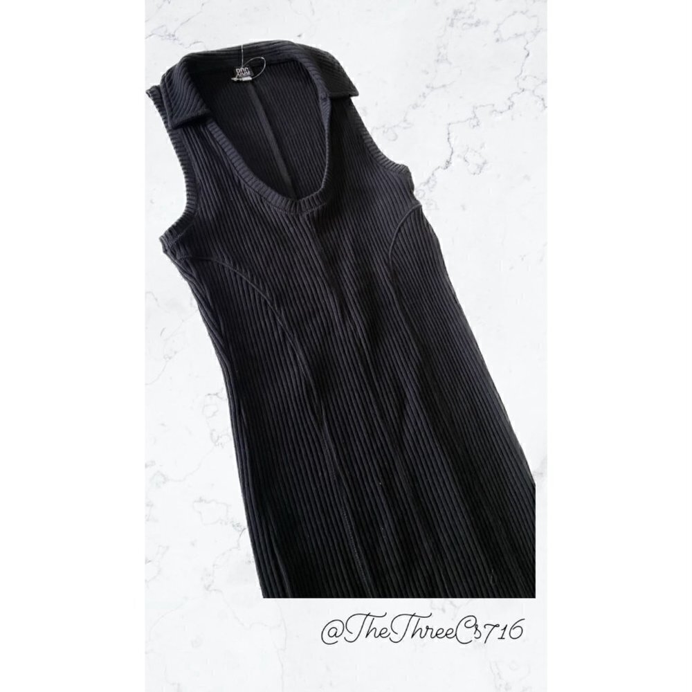 BDG Urban Outfitters Black Ribbed Sleeveless Deep V Neck Cotton Dress Size MED